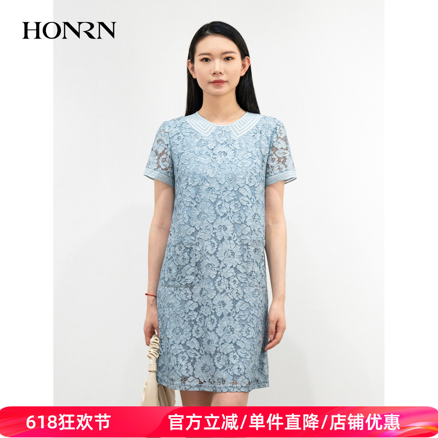 HONRN/红人优雅修身显瘦圆领短袖蕾丝镂空连衣裙女夏HJ22OL176