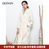 HONRN 红人中长款 系带山羊绒羊毛呢子大衣外套女秋冬HI55OD866