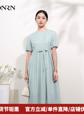 HONRN/红人绿色减龄系带收腰显瘦a字圆领短袖连衣裙女夏HI22OL404