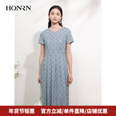 HONRN 红人优雅印花短袖 圆领收腰显瘦裙子a字连衣裙女夏HI22OL481