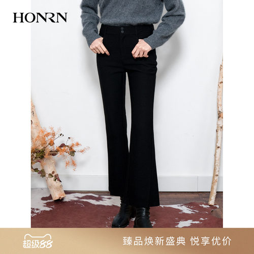 HONRN/红人黑色显瘦微喇叭休闲裤