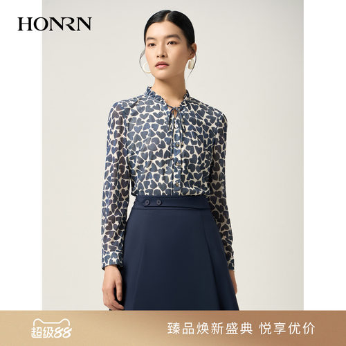 HONRN/红人印花网布长袖衬衫上衣