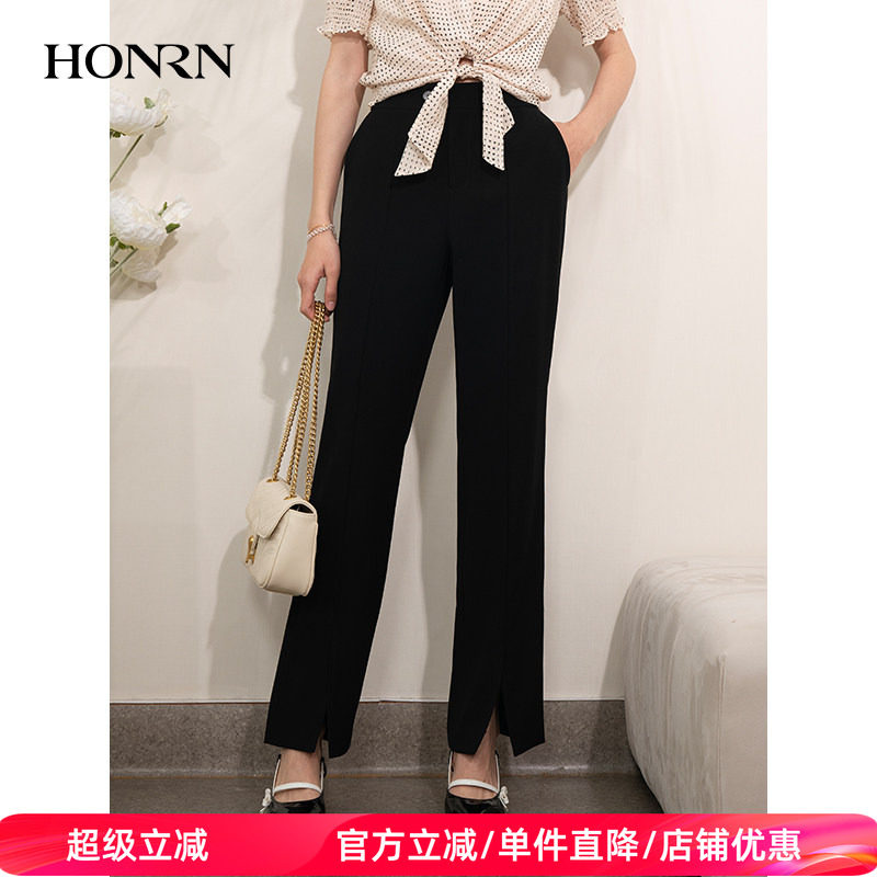 HONRN/红人黑色开叉直筒阔腿微喇休闲裤垂坠感女夏薄款HI22OK206