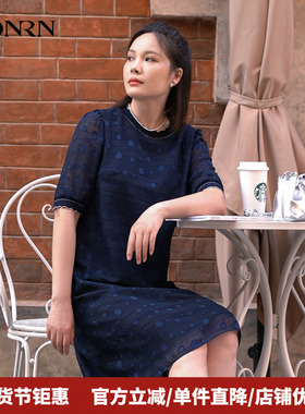 HONRN/红人蓝色裙子遮肉显瘦波点印花短袖连衣裙女夏HK29OL023