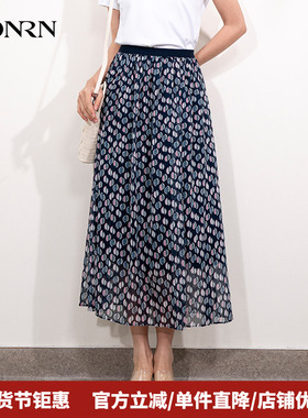 HONRN/红人松紧腰印花裙子a字百褶裙显瘦半身裙长款女夏HI22OQ922