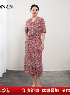 HONRN/红人红色长裙子小众设计感收腰显瘦连衣裙女夏季HH22OL974
