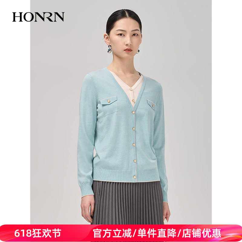 HONRN/红人休闲修身v领撞色假两件套头针织衫上衣女秋冬HI59OM005