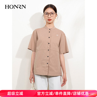HONRN 立领衬衫 女上衣夏季 HI22OC667 红人宽松显瘦休闲棉混纺短袖