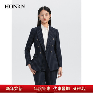 外套女春秋HH33OS479 休闲西装 HONRN 红人藏蓝色细条纹双排扣修身