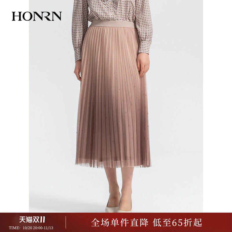 HONRN/红人网纱裙子a字遮肚子显瘦百褶半身裙女长款早秋HI11OQ475