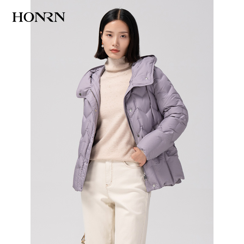 HONRN/红人轻薄短款防风连帽鸭绒羽绒服外套女款冬季HI59YR101