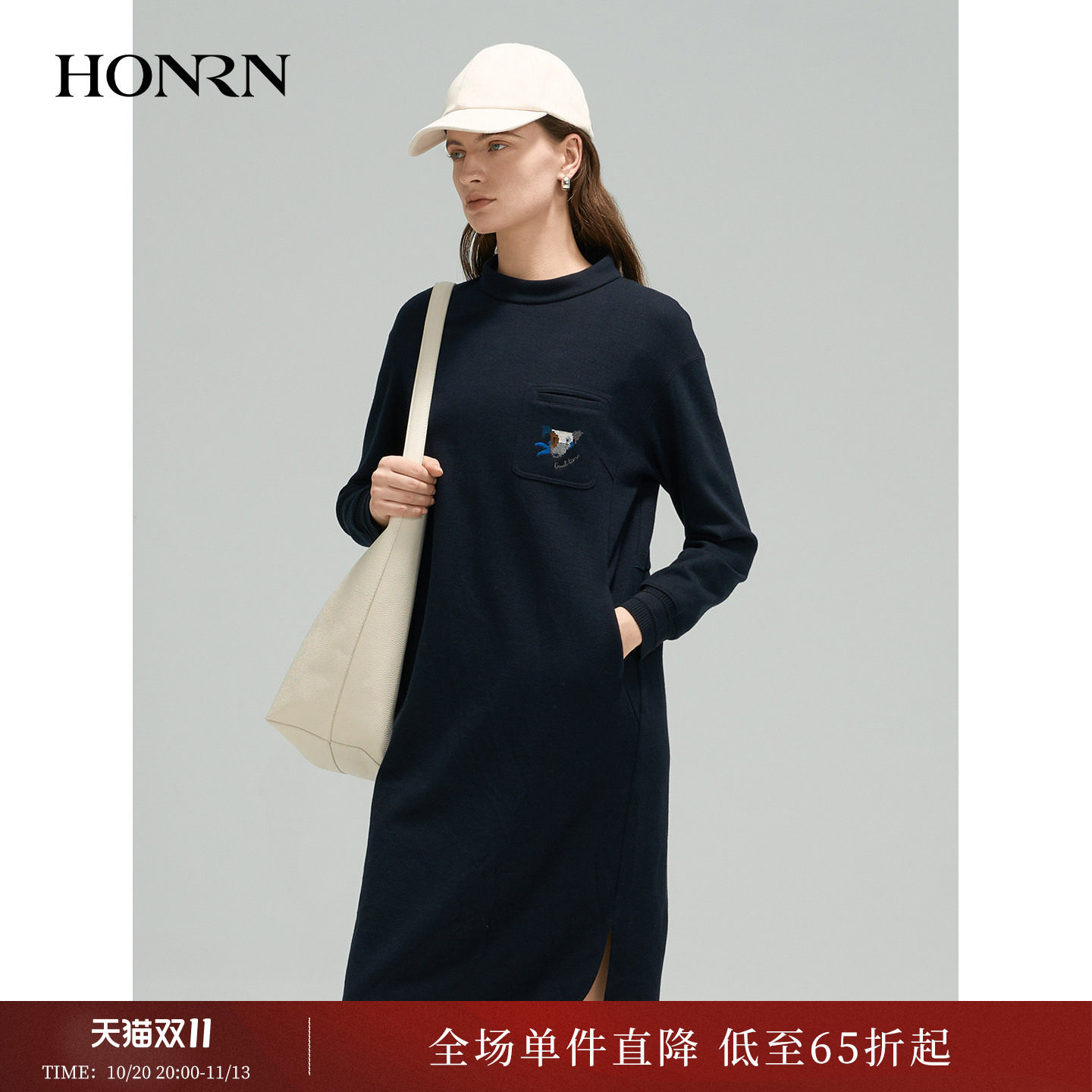 HONRN/红人羊毛针织连衣裙女半高领直筒藏蓝色冬装开叉HJ55OL085