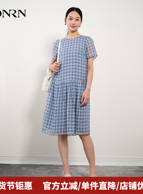 HONRN/红人蓝色格纹裙子遮肚子显瘦A型大摆连衣裙女夏季HH22OL772