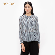 HONRN/红人蓝色印花雪纺长袖衬衫上衣女设计感小众宽松显瘦衬衣