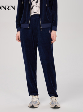 HONRN/红人蓝色宽松直筒显瘦丝绒运动休闲裤垂感女秋季HI39OK026