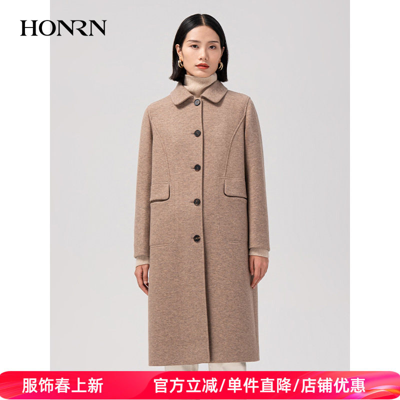 HONRN/红人气质驼色中长款正肩羊毛呢子大衣外套女秋冬HI59OD001