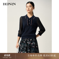 HONRN/红人细纱拼接针织衫七分袖翻领木耳边商场同款HJ11OM312