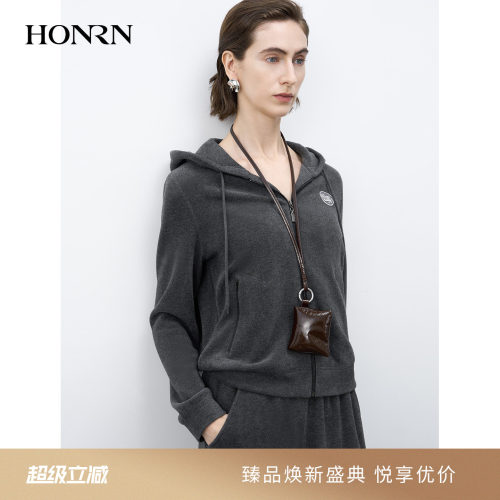 红人通勤德绒连帽拉链刺绣女外套