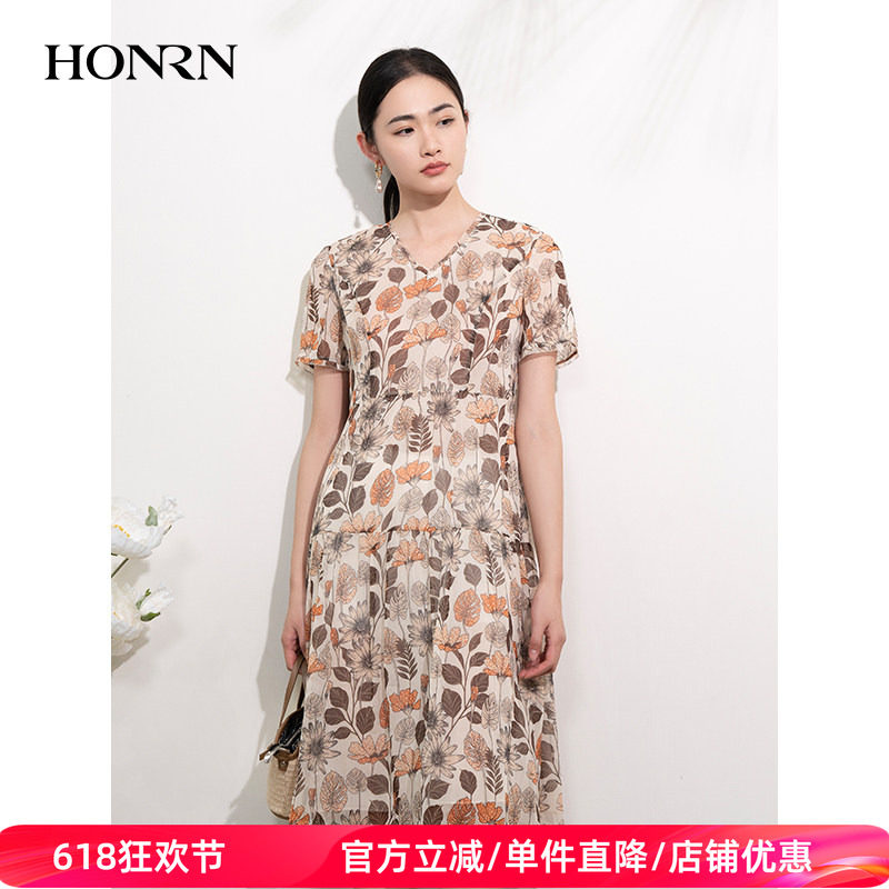 HONRN/红人v领薄款短袖收腰显瘦a字连衣裙大摆裙女夏HI22OL192