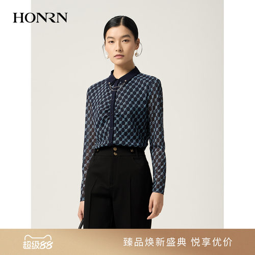 HONRN/红人翻领印花网纱衬衫上衣