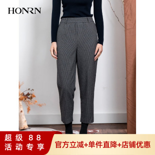 锥形裤 裤 女秋冬HI55OK129 红人显瘦千鸟格纹直筒休闲西装 HONRN