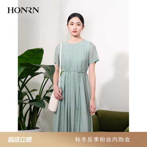 HONRN/红人桑蚕丝真丝收腰连衣裙