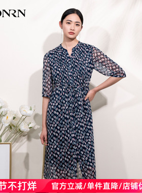 HONRN/红人印花v领系带收腰显瘦中长款a字连衣裙女夏HI22OL833