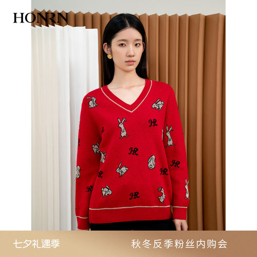 HONRN/红人v领羊毛针织衫上衣