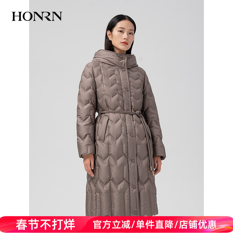 HONRN/红人长款修身收腰显瘦连帽鸭绒羽绒服外套女冬季HI59YR108