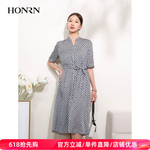 HONRN/红人短袖系带收腰连衣裙