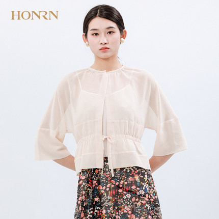 HONRN/红人宽松杏粉色圆领系带收腰雪纺七分袖衬衫外套上衣女夏季