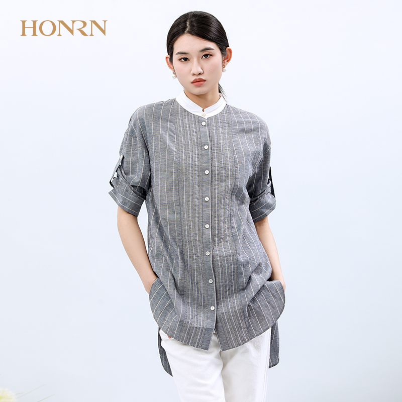 HONRN/红人休闲气质灰色条纹立领修身衬衫上衣女夏款设计感小众