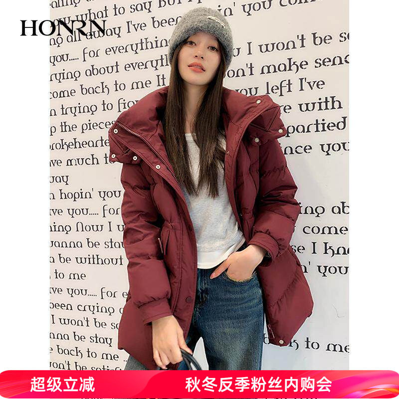 HONRN/红人轻薄立领连帽鸭绒羽绒服外套女中长款冬季HJ59YR152