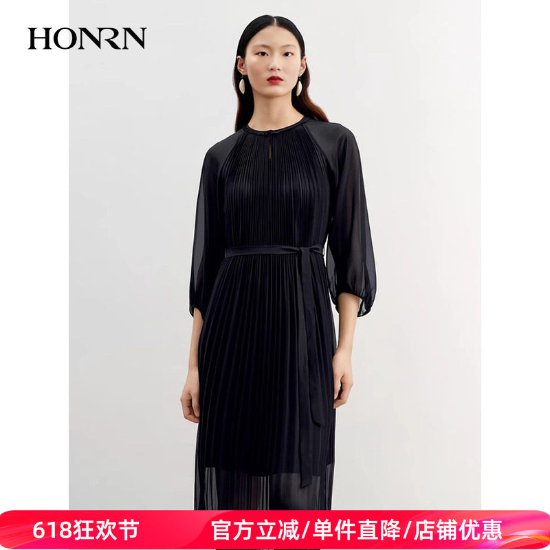 HONRN/红人夏季收腰A字连衣裙妈妈装褶皱七分袖气质裙HJ29OL058