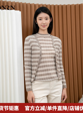 HONRN/红人复古显瘦v领女士条纹羊毛针织衫开衫上衣春秋HI33OM679