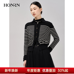 开衫 羊毛衣针织衫 外套上衣女秋HI39OM001 红人黑白条纹修身 HONRN