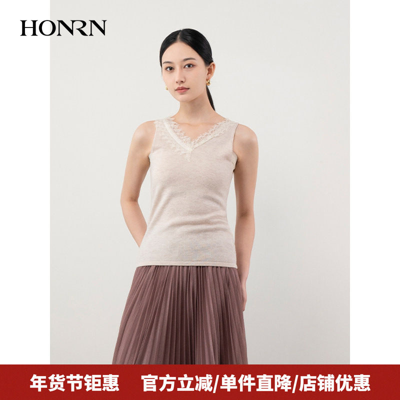 HONRN/红人蕾丝拼接无袖绵羊毛内搭针织背心上衣女春秋HH11OM984