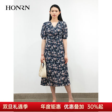 HONRN/红人优雅v领收腰显瘦碎花裙子短袖a字连衣裙女夏HK29OL021