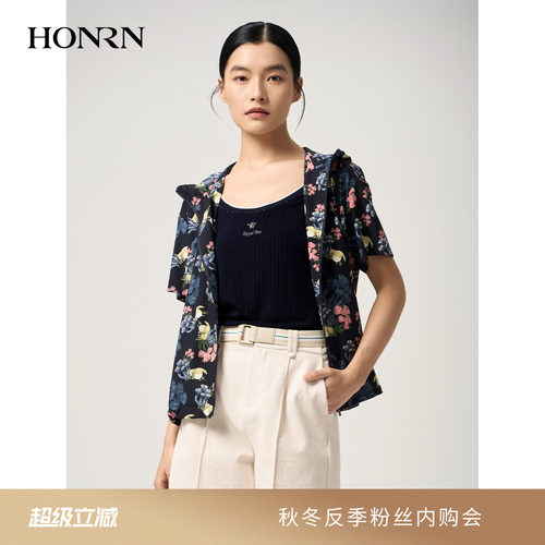 红人碎花连帽拉链修身短袖外套