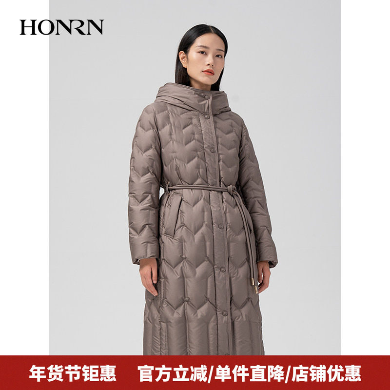 HONRN/红人长款修身收腰显瘦连帽鸭绒羽绒服外套女冬季HI59YR108