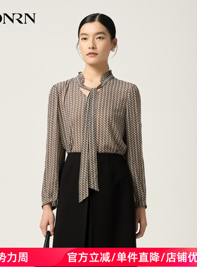 HONRN/红人复古通勤显瘦印花系带长袖设计感衬衫女上衣HJ11SY333