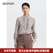 HONRN 女上衣HH33OC063 设计感正肩衬衫 红人休闲气质立领修身 长袖