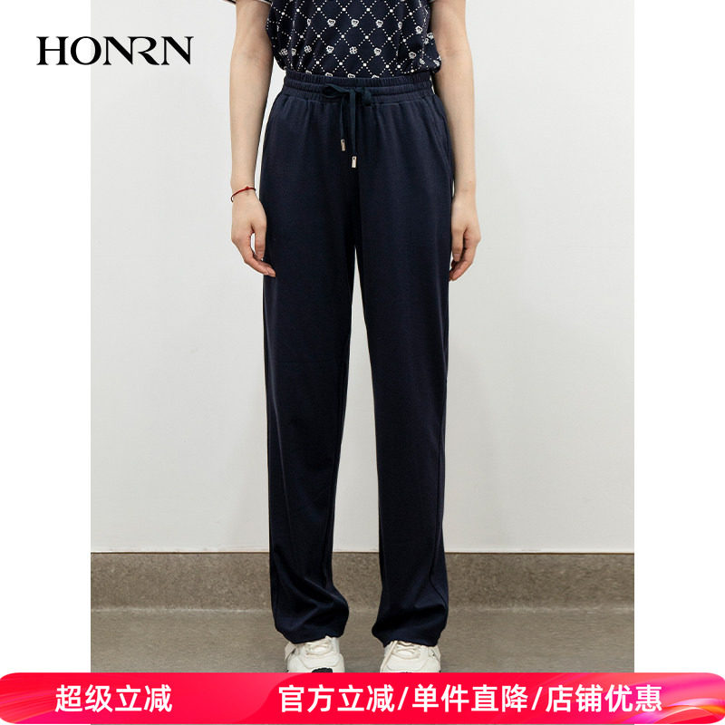 HONRN/红人薄款宽松款松紧腰垂感直筒运动休闲裤女夏HK29OK006