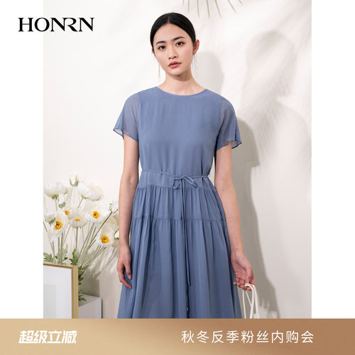 HONRN/红人桑蚕丝真丝系带连衣裙