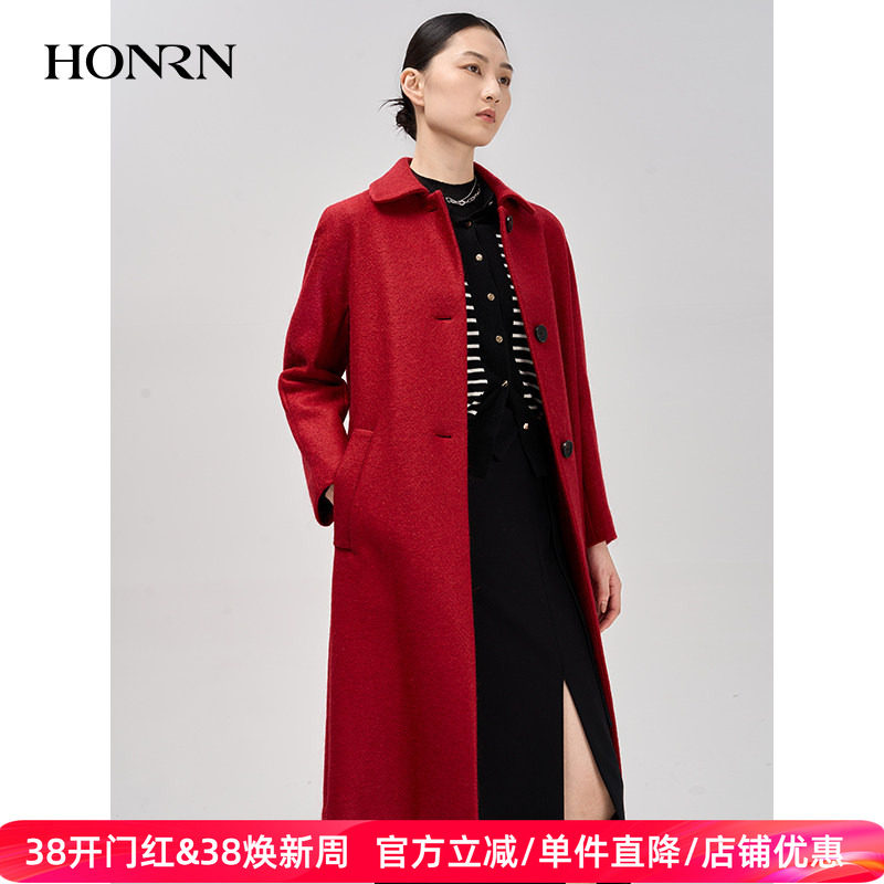 HONRN/红人休闲红色显瘦中长款羊毛呢子大衣外套女秋冬HG55OD619