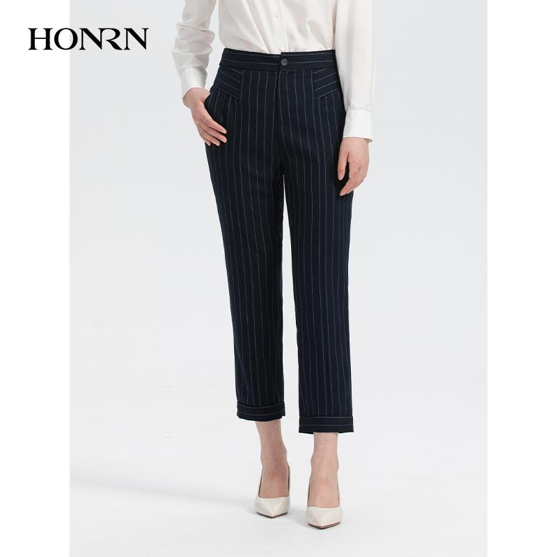 HONRN/红人条纹藏蓝色九分裤子垂感休闲西装裤女春秋HH33OK480