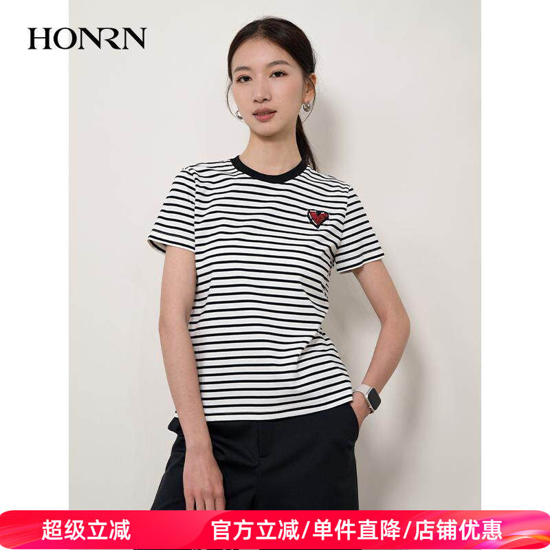 HONRN/红人黑白撞色条纹短袖圆领正肩纯棉t恤上衣女春秋HI11SY219