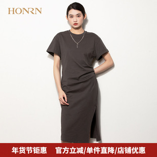 HONRN/红人休闲气质洋气修身显瘦裙子收腰中长款t恤连衣裙女夏季