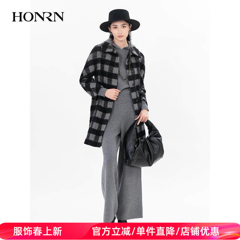 HONRN/红人马海毛羊驼毛羊毛呢子中长款大衣外套女秋冬HH55OD641