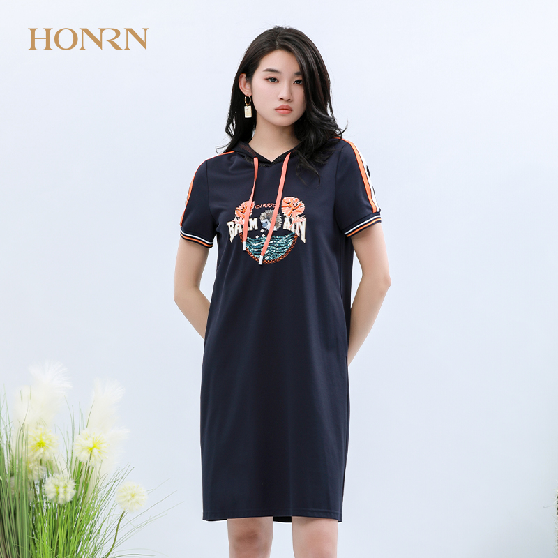 HONRN/红人休闲宽松连帽短袖直筒遮肚子减龄显瘦卫衣裙连衣裙女夏